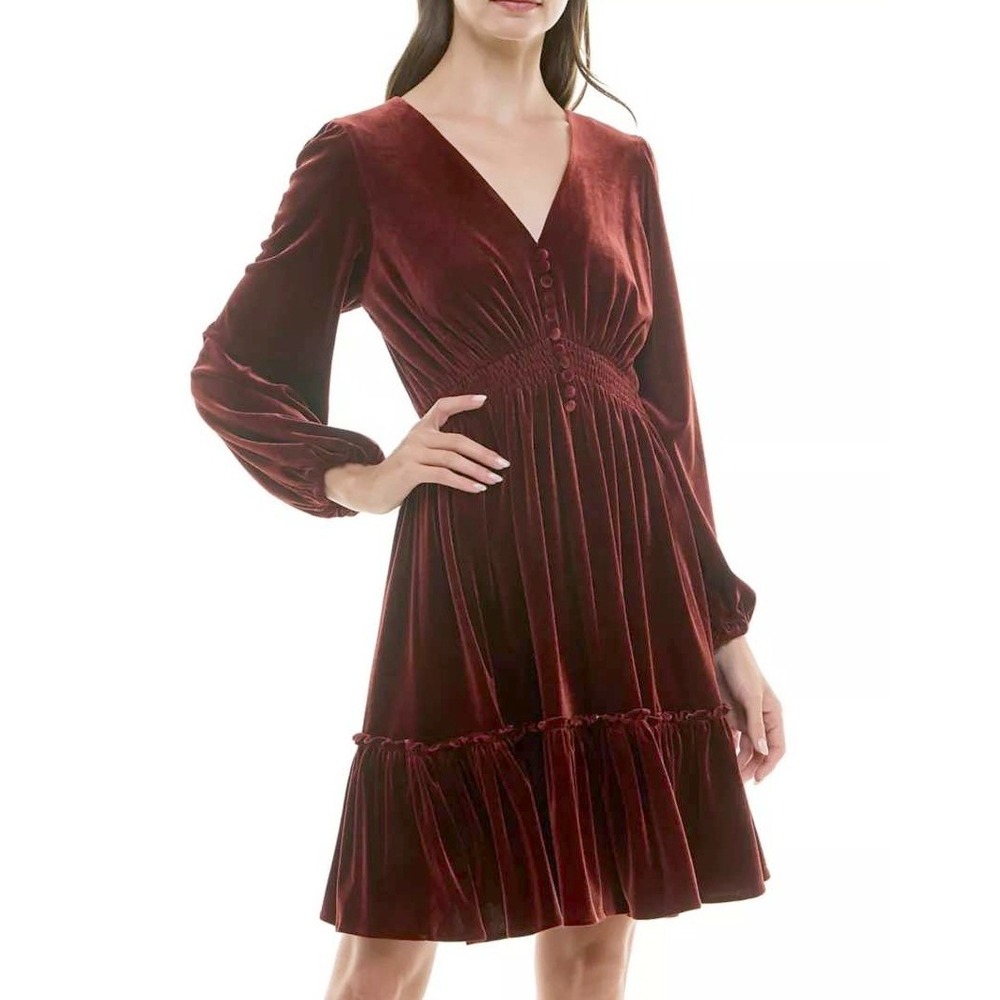 Taylor Womens Velvet Midi Dress Small‎ Rust Red Smocked Waist Tiered Boho Ruffle